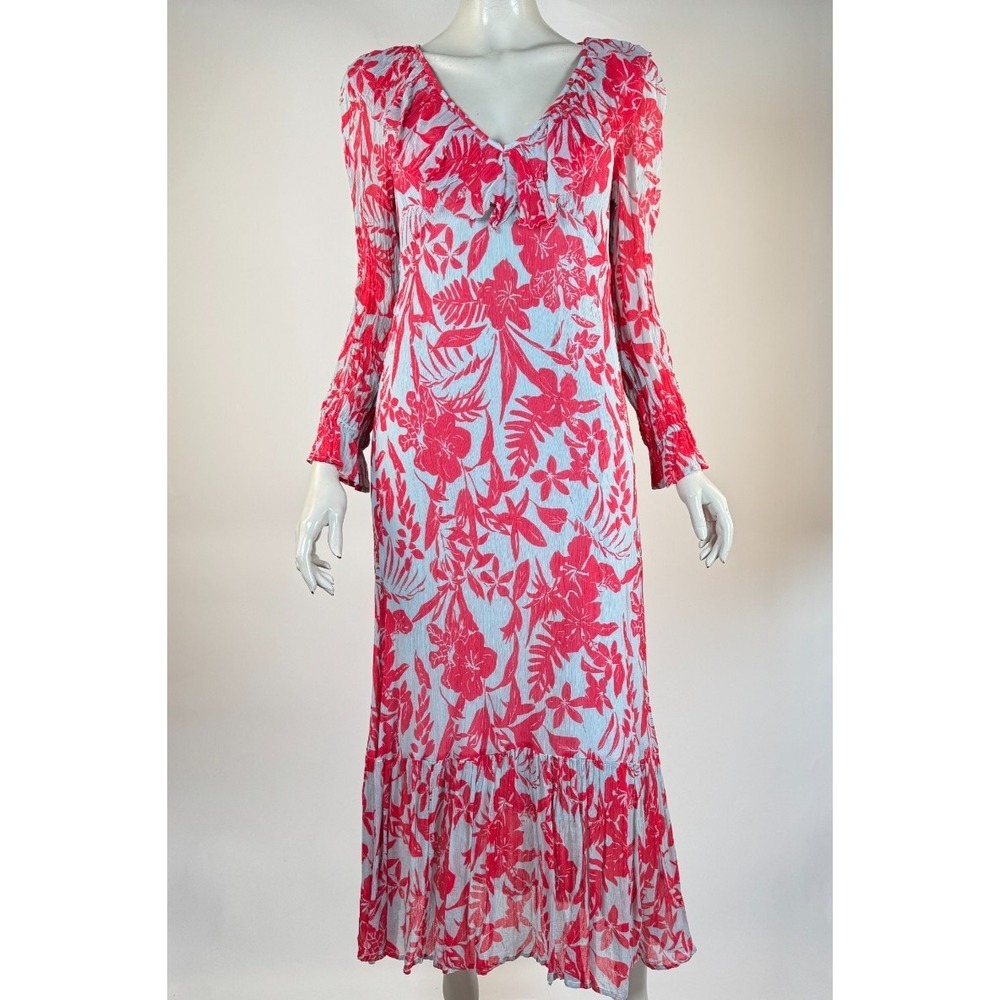 Anthropologie Long Sleeve Chiffon Midi Dress Women M EUC V-neck Ruffle Lined